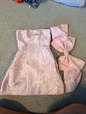 Baby Boo Pink Floral Jacquard Strapless Dress with Oversized Bow detachable